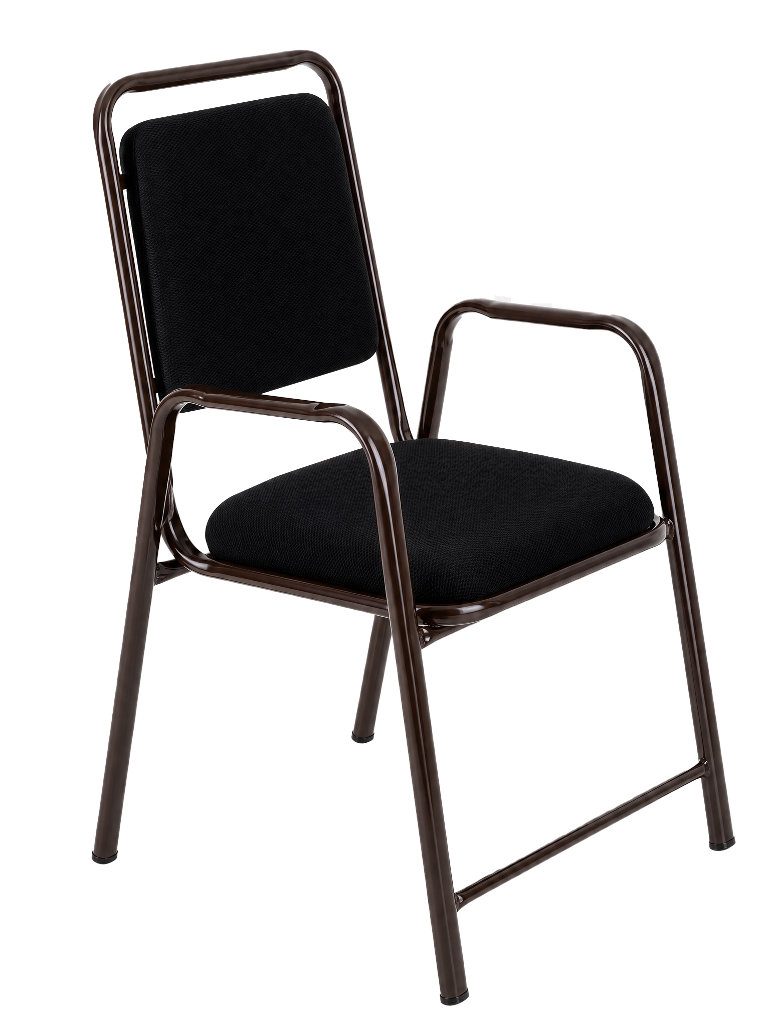 Black upholstered chair with metal frame, angled view