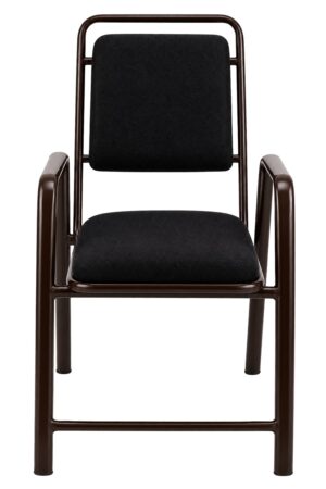 Black upholstered chair with metal frame and armrests