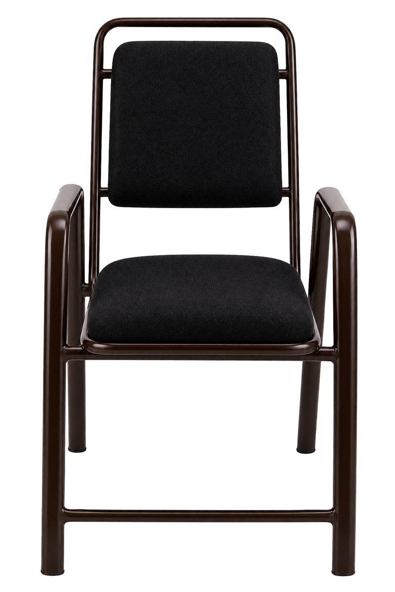 Black upholstered chair with metal frame and armrests