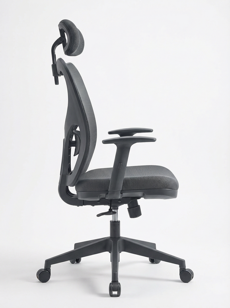 Dark grey office chair side profile with adjustable features.