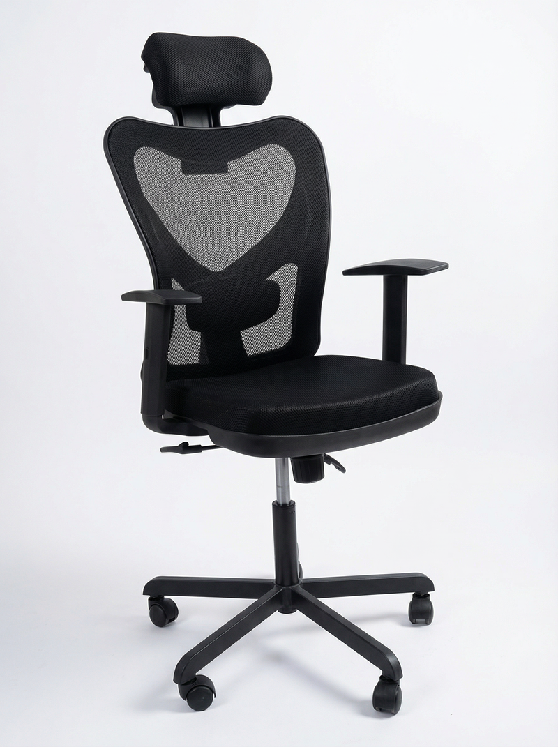 Matte black office chair with adjustable headrest and armrests.