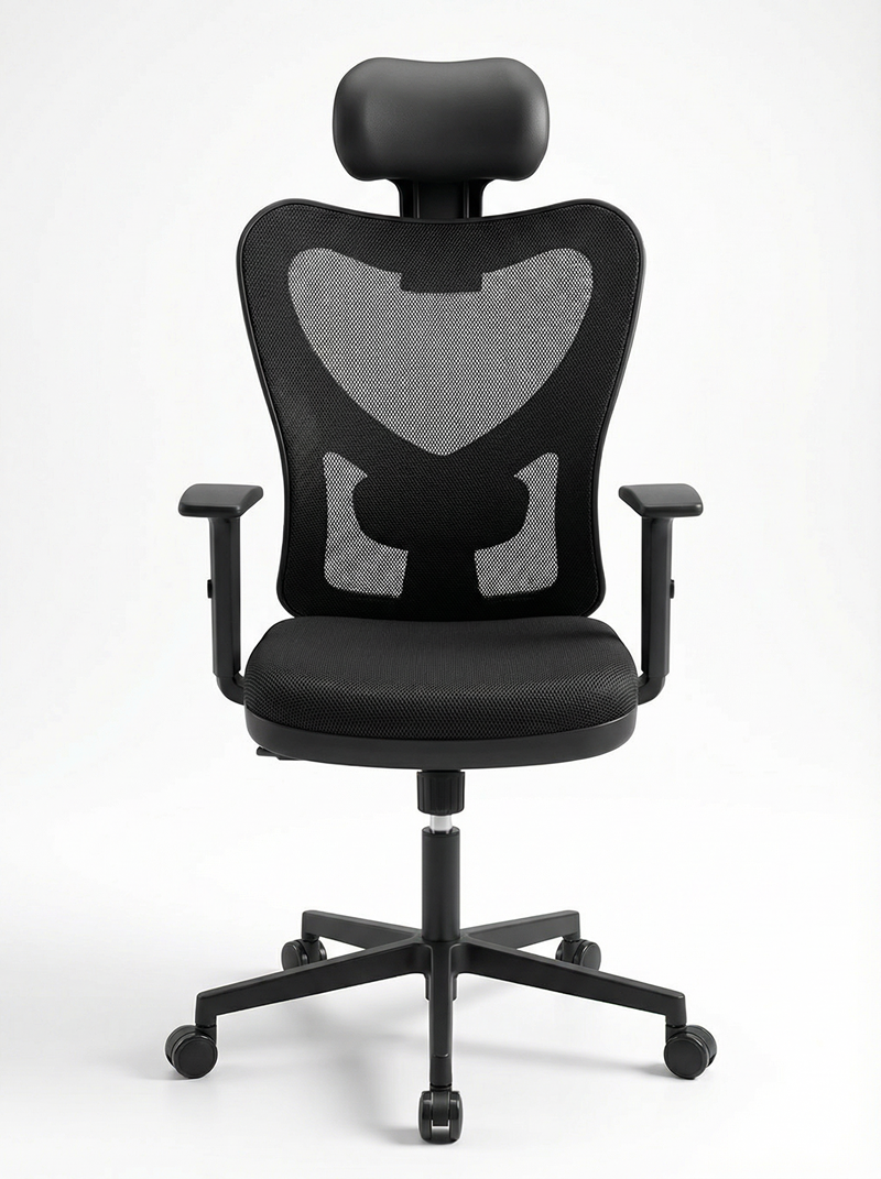 Matte black ergonomic office chair with mesh back.
