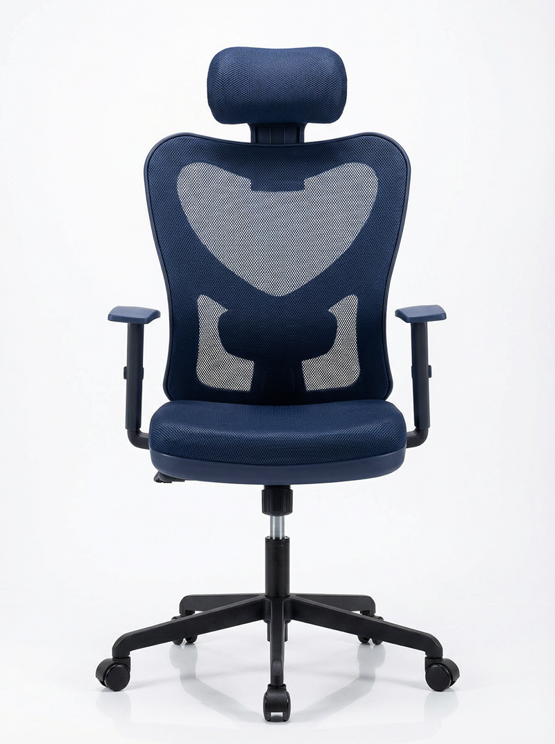 Navy blue ergonomic office chair with headrest and mesh back