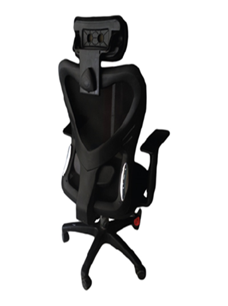 Dark ergonomic office chair with mesh back and headrest.