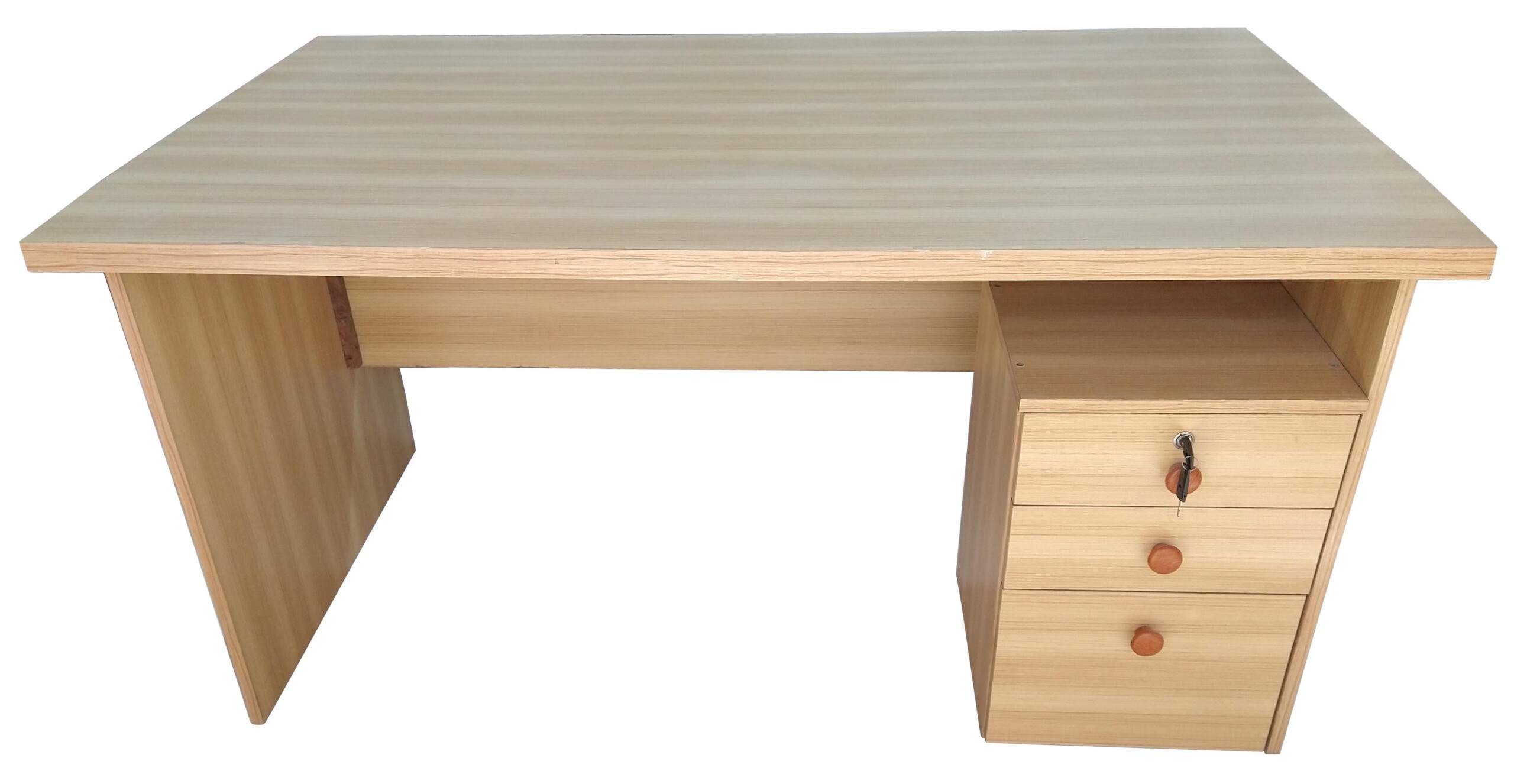 Wooden office desk with three drawers and a smooth surface.