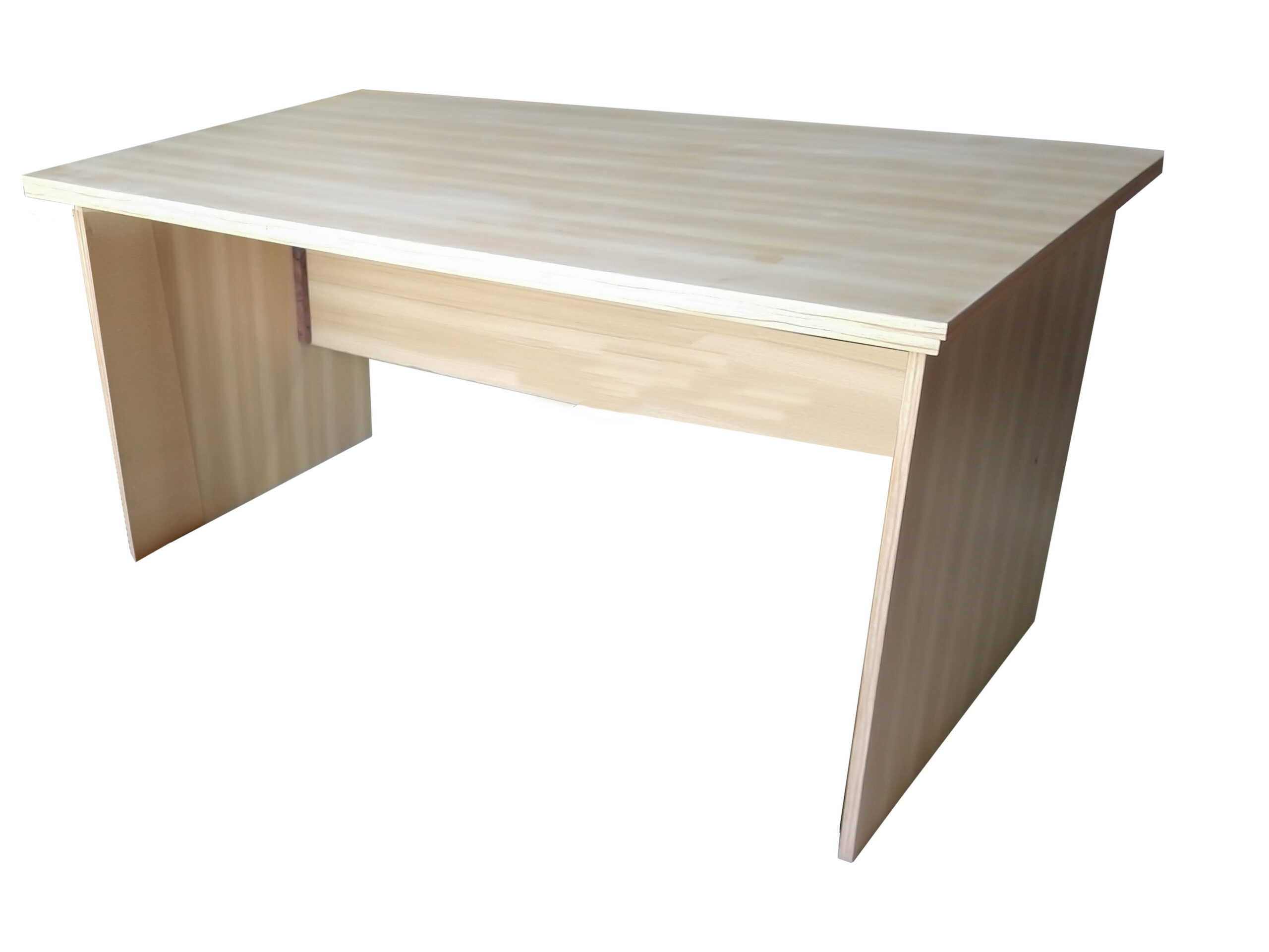 Wooden office desk featuring a slatted front design.