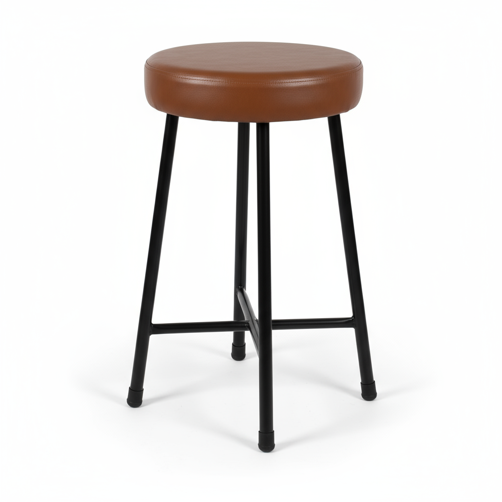 Brown padded stool with black metal legs