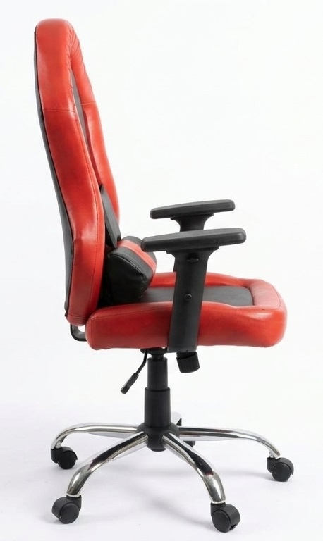 Red ergonomic office chair with adjustable height and armrests.