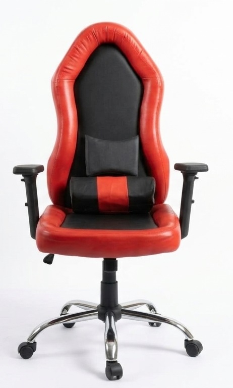 Front view of red and black ergonomic office chair