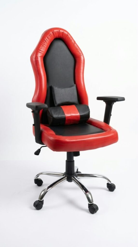 Red and black ergonomic office chair with high back.