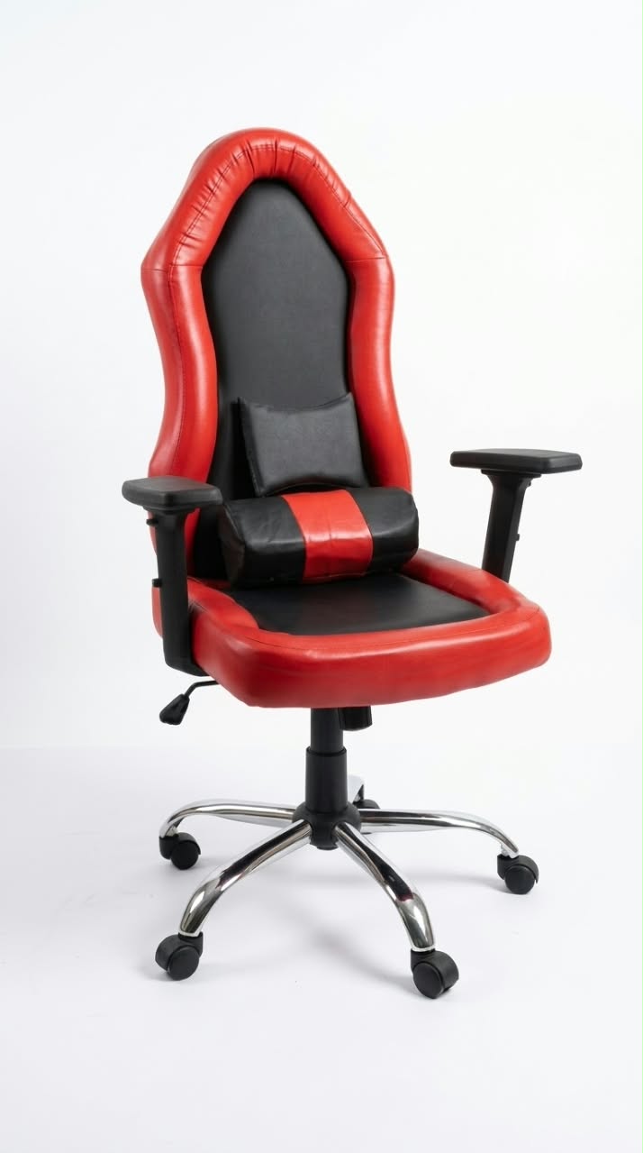 Red and black ergonomic office chair with high back.