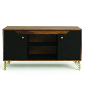 Front view of wooden media stand with black doors