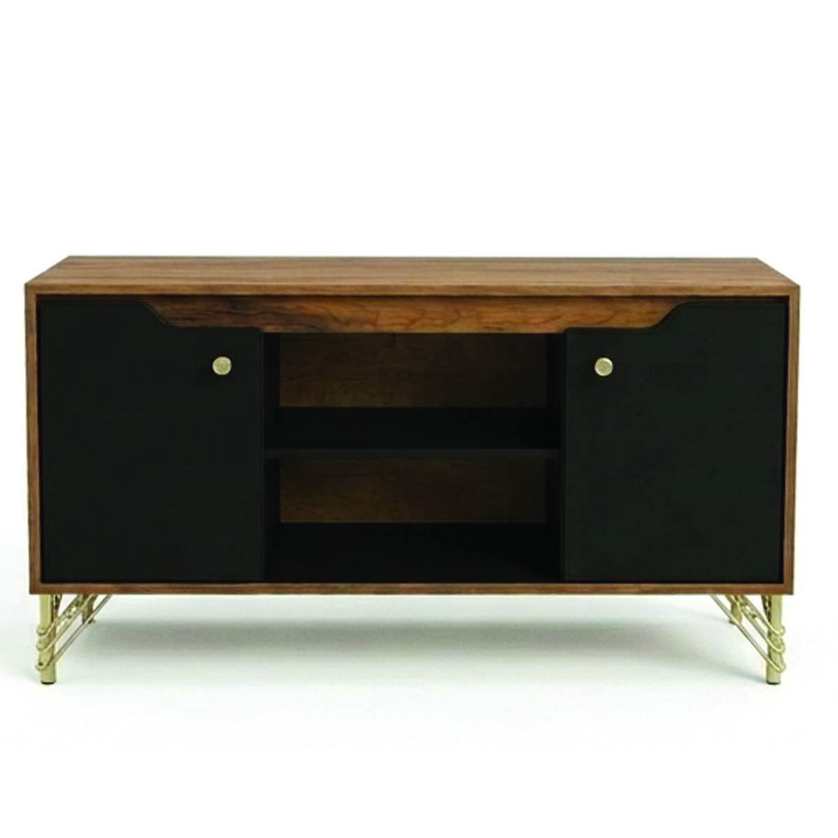 Front view of wooden media stand with black doors