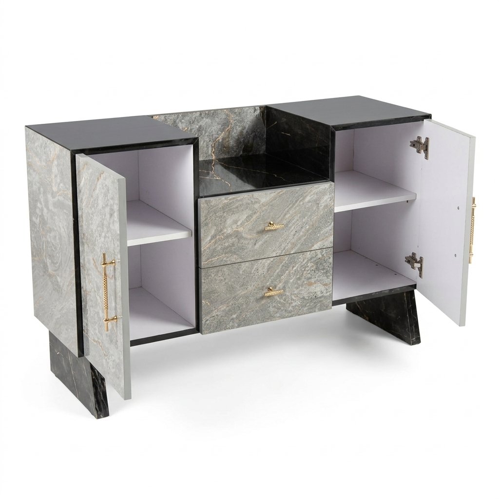 Marble Finish MDF Media Stand 42" | 2 Doors + 2 Drawers | Karachi - Image 2