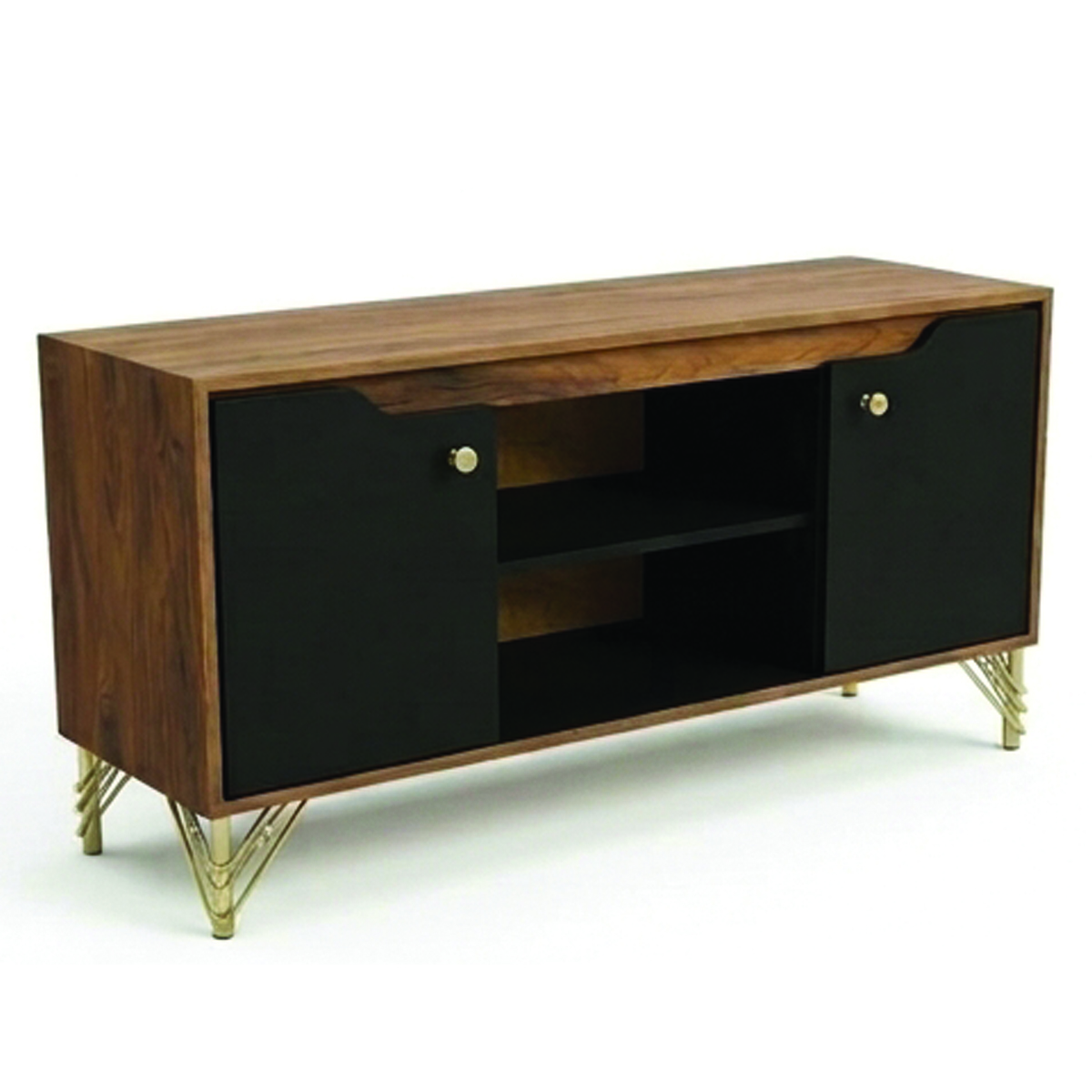 Side view of wooden media stand with black doors