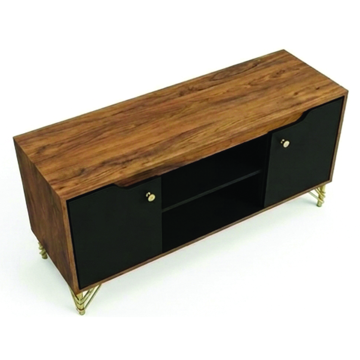 Wooden media stand with black doors and gold legs