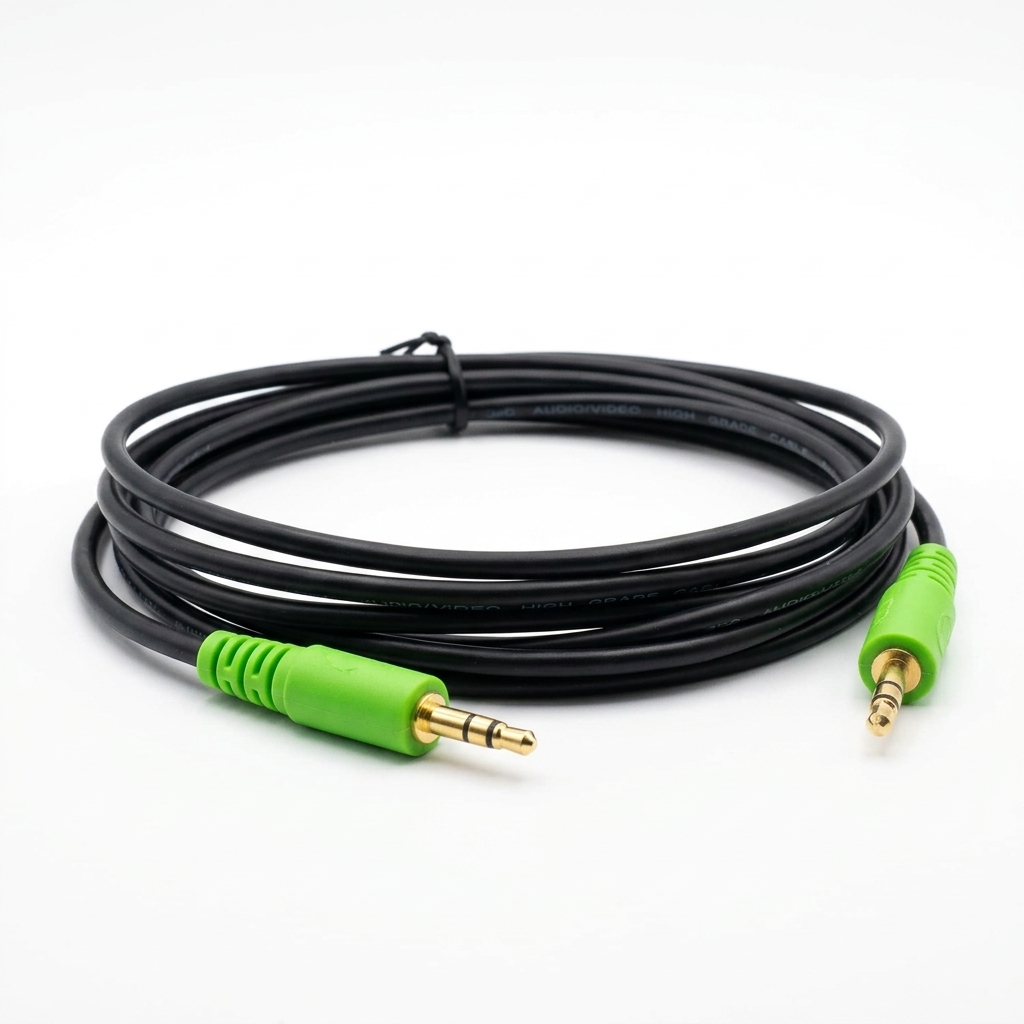Black aux cable with green connectors on both ends