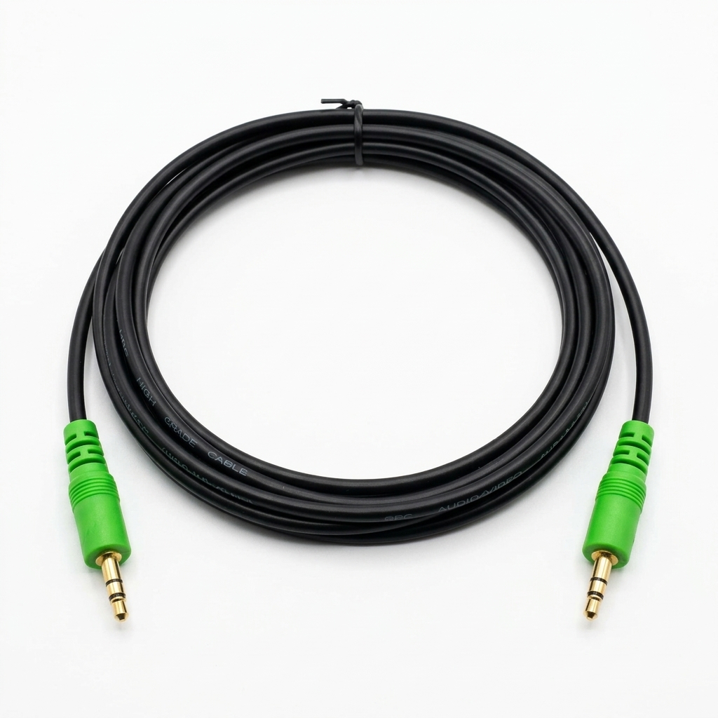 Black aux cable with green connectors on both ends