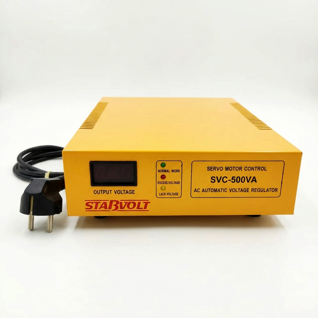 Front view of yellow voltage stabilizer with display