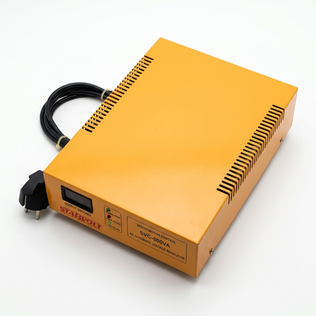 Top view of yellow voltage stabilizer with power cord