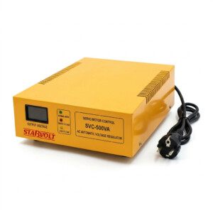 Angle view of yellow voltage stabilizer with power cord