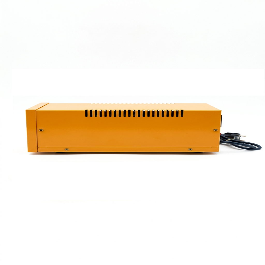 Side profile of yellow voltage stabilizer with power cord