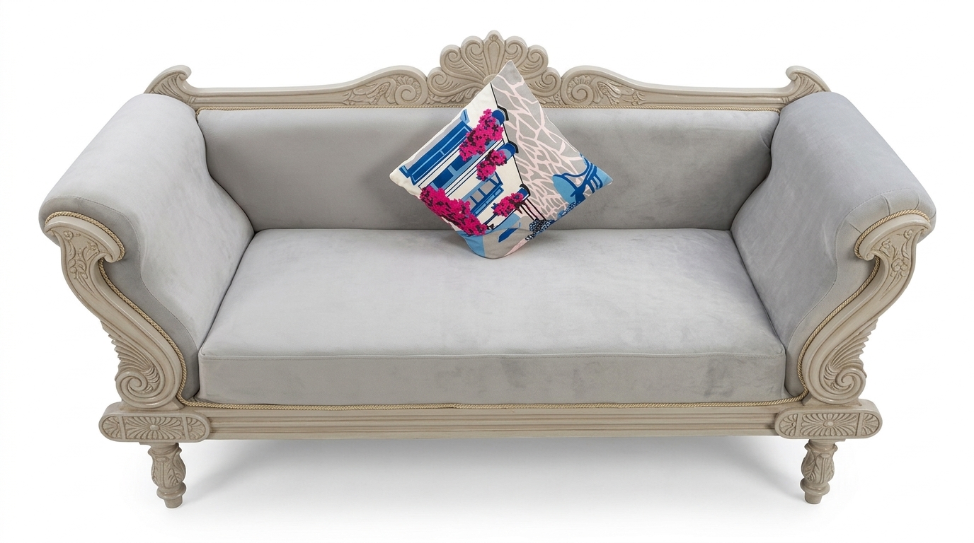 Front view of a three-seater sofa with soft grey upholstery