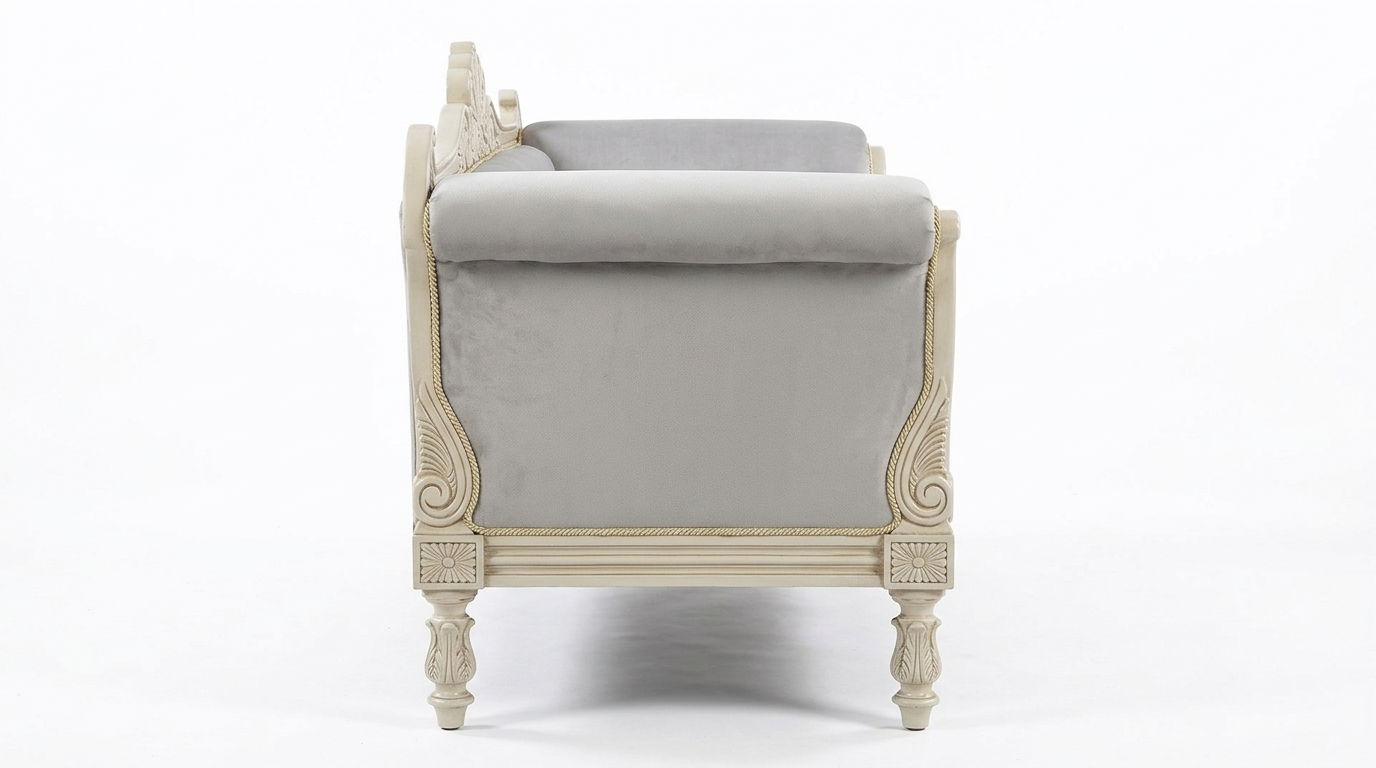 Three-seater sofa featuring plush upholstery and ornate design