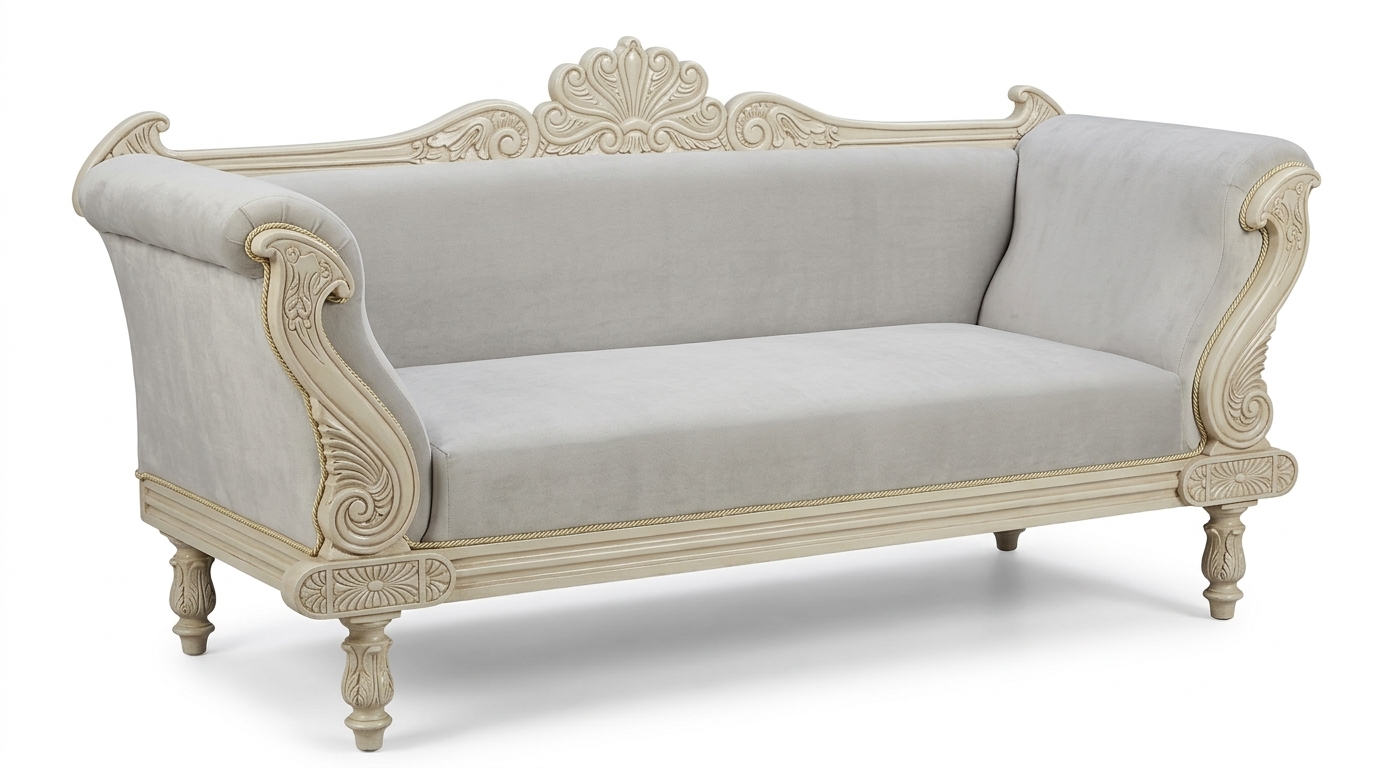 Stylish three-seater sofa with intricate detailing and light fabric